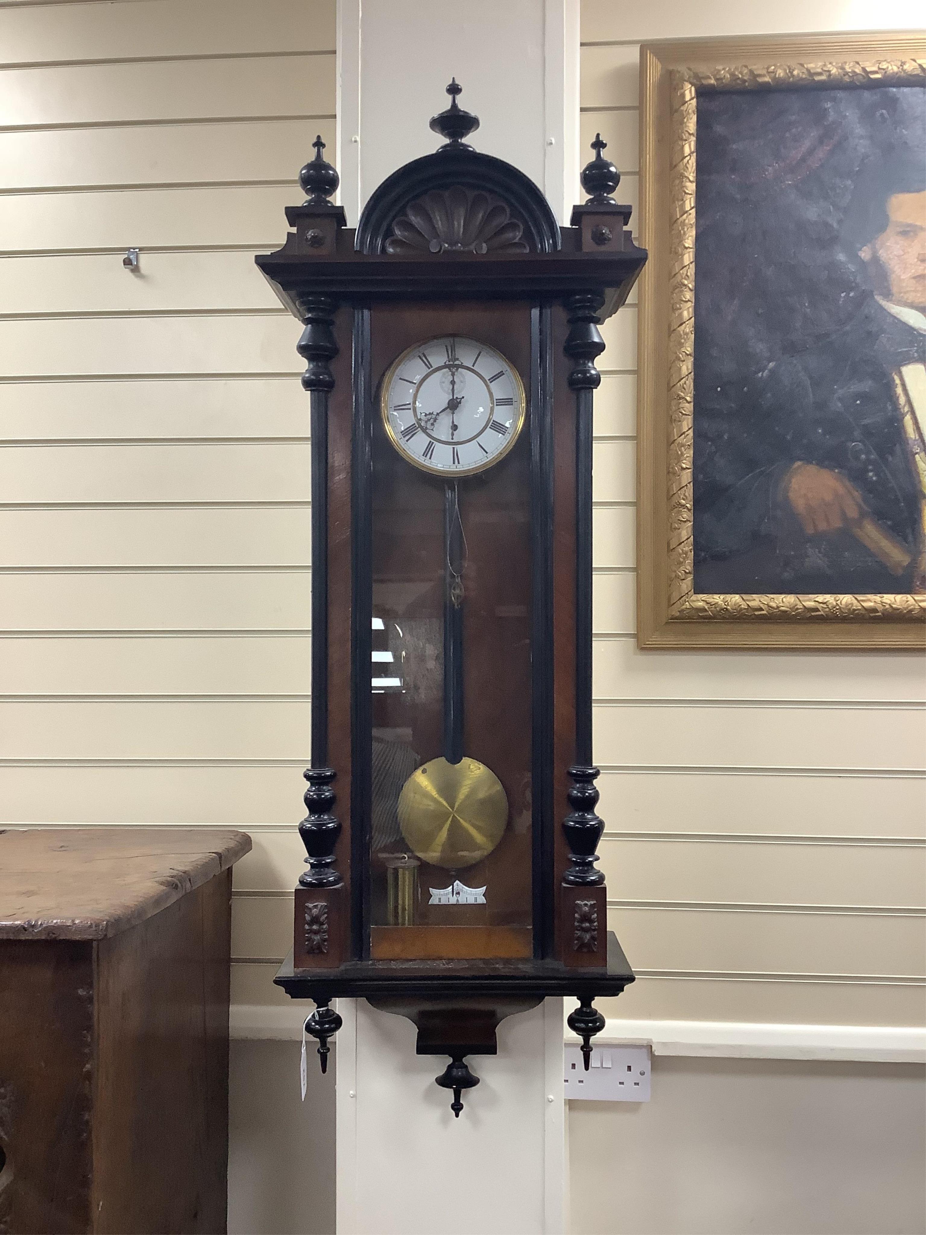 A late 19th century Vienna style regulator wall clock, height 120cm. Condition - fair